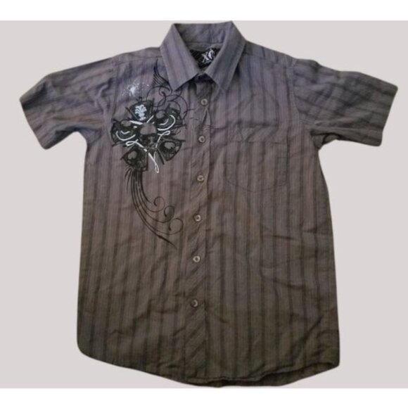 * XG Gray Striped with Tropical Short Sleeved Shirt Boys Size 7-8 Small - Picture 1 of 4